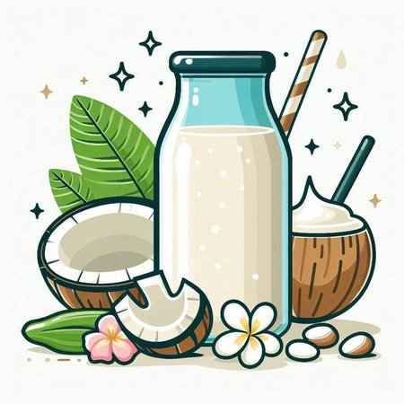 Coconut milk in a glass bottle, palm leaves and tropical flowers. Vector illustration.のイラスト素材