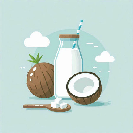Coconut milk in a bottle and coconut on a white backgroundのイラスト素材