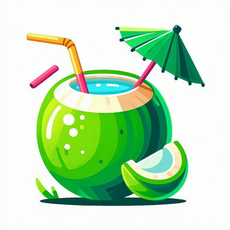 Coconut cocktail with straw and umbrella. Vector illustration in cartoon styleのイラスト素材