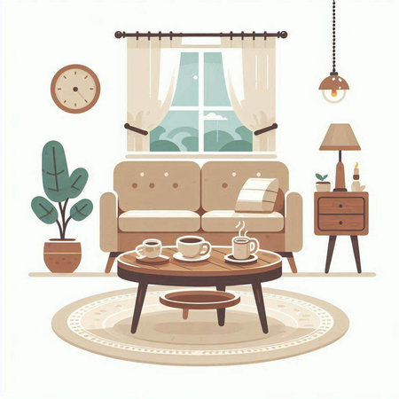 Interior of living room with furniture, sofa, coffee table, plant, lamp. Vector illustrationのイラスト素材
