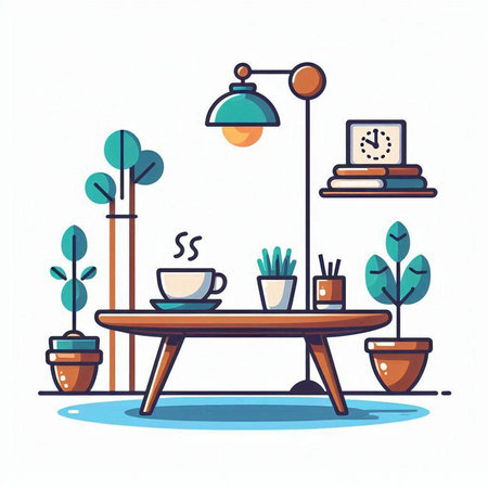 Coffee shop interior. Vector illustration in flat cartoon style.のイラスト素材