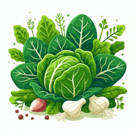Illustration of fresh green chinese cabbage with garlic, onion and spicesのイラスト素材