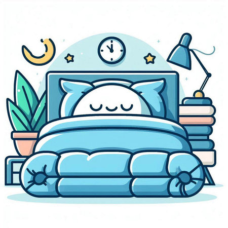 Vector illustration of a cute cartoon bed with a pillow and a clock.のイラスト素材