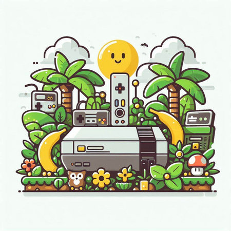 Vector line art illustration of game console on the background of palm trees.のイラスト素材