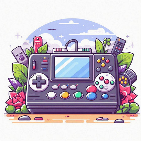 Retro video game console. Hand drawn vector illustration in cartoon style.のイラスト素材