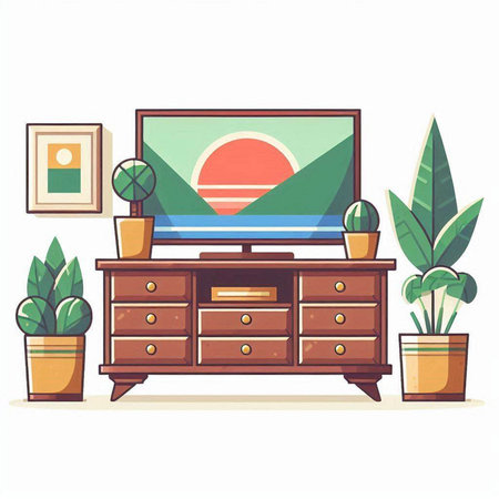 TV on the cabinet in the living room. Flat vector illustration.のイラスト素材