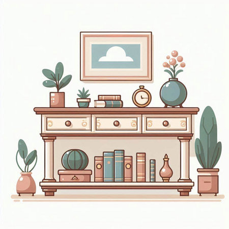 Vector illustration of a cozy living room with bookshelf, books and plantsのイラスト素材