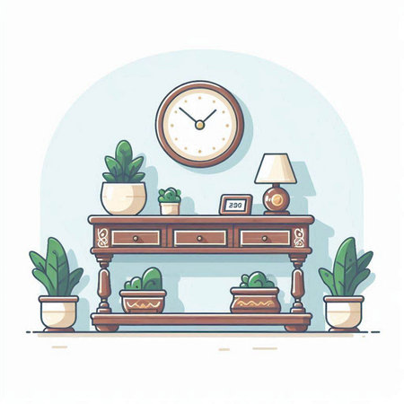 Vector illustration of a living room interior with a wooden chest of drawers and a clockのイラスト素材