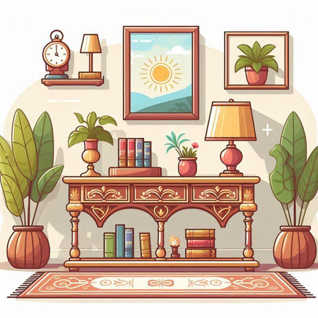 Living room interior with bookshelf, books and plants. Vector illustration.のイラスト素材