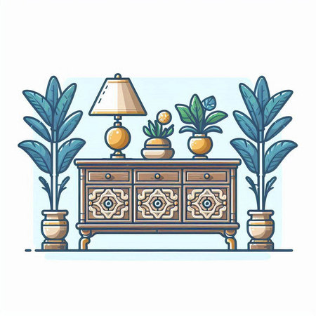 Cabinet with table lamp and plants. Vector illustration in flat styleのイラスト素材