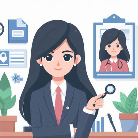 Young businesswoman with magnifying glass in her hand. Vector illustration.のイラスト素材