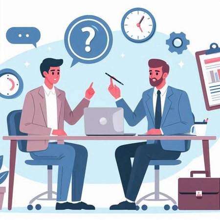 Teamwork process. Colleagues working together in office. Vector flat illustrationのイラスト素材