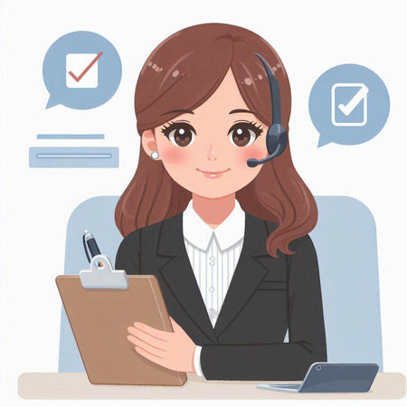 Business woman with headset and clipboard. Call center. Vector illustration.のイラスト素材