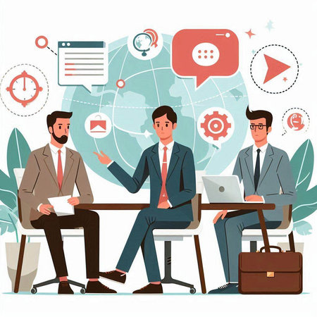 Business people sitting at table and working together. Vector illustration in flat styleのイラスト素材