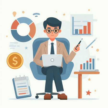 Businessman sitting in armchair and working on laptop. Flat style vector illustration.のイラスト素材