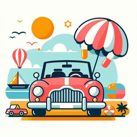 Vintage car on the beach. Vector illustration in flat style.のイラスト素材
