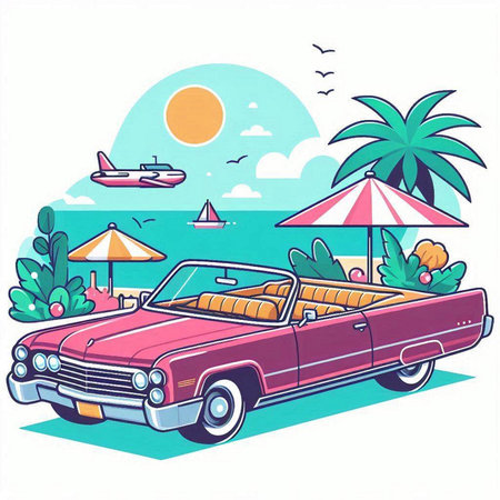 Retro car on the beach. Vector illustration in vintage style.のイラスト素材