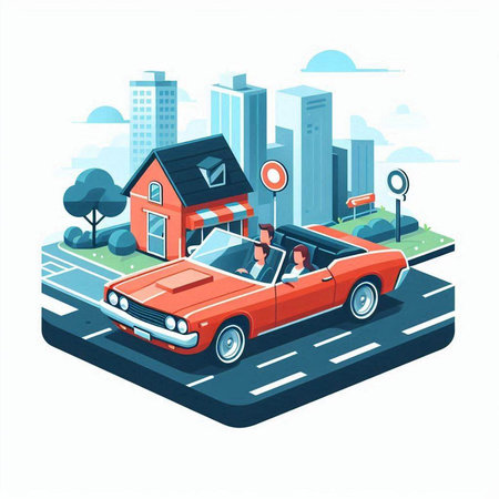 Retro car in the city street. Vector illustration in flat styleのイラスト素材