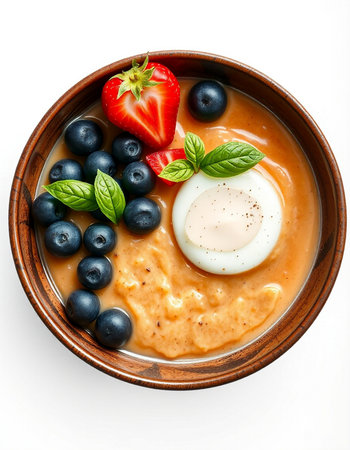 Smoothie bowl with strawberries, blueberries isolated on white