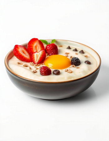 Bowl of yogurt with fresh berries on white background