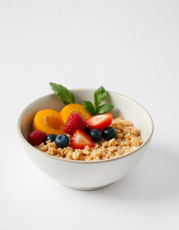 bowl of muesli with fresh berries and mint on white background