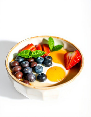 Breakfast with yoghurt, berries and egg on white background