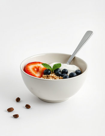 bowl of muesli with strawberries and blueberries on white backgroundの写真素材