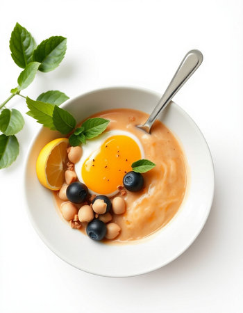 Creamy porridge with egg and berries on a white background