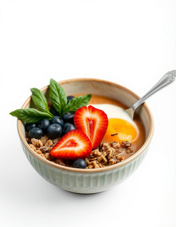 bowl of muesli with blueberries on white backgroundの写真素材
