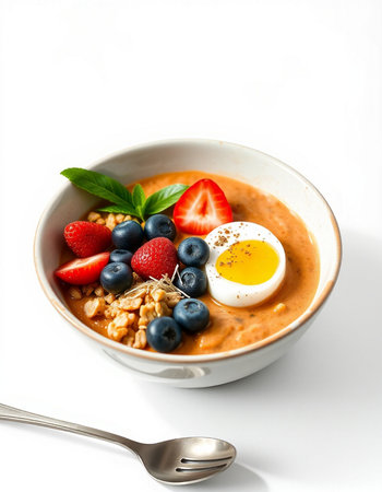 Healthy breakfast bowl with oatmeal, berries and egg on white background