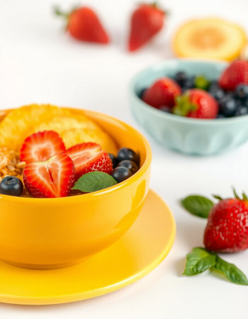 Healthy breakfast. Oatmeal porridge with fresh berries in yellow bowl on white background