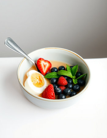 Panna cotta with strawberries, blueberries and mint in a bowl