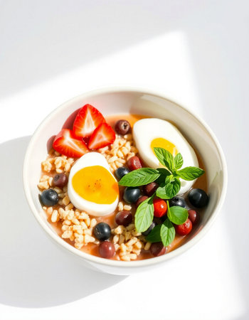 Healthy breakfast with oatmeal, berries and soft-boiled egg on white backgroundの写真素材
