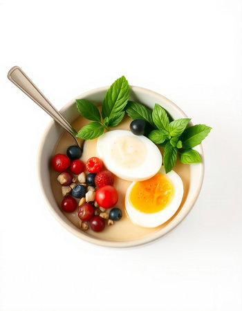 Bowl of creamy pudding with eggs and berries.