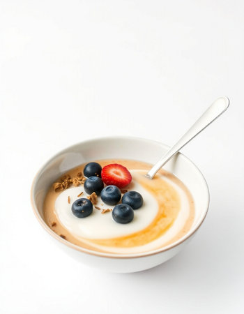 A bowl of yogurt with blueberries and strawberries on a white backgroundの写真素材