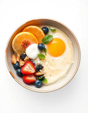 Healthy breakfast bowl with berries, fruits and nuts