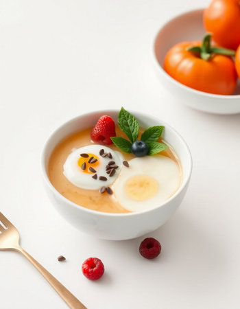 Eggs in porcelain bowl with berries and chocolate on white backgroundの写真素材