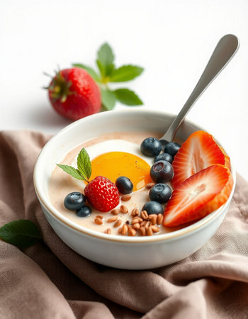 Yogurt with fresh berries and oatmeal on a white backgroundの写真素材