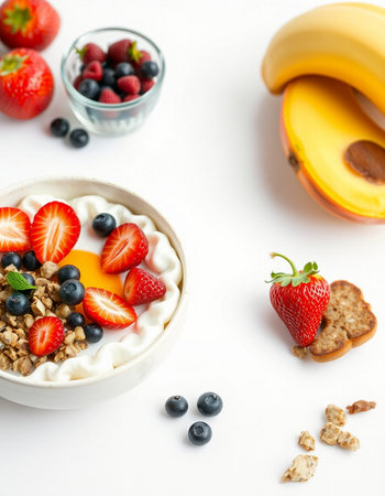 Healthy breakfast with granola, berries and yogurt on white background.の写真素材