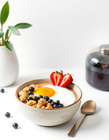 Bowl of granola with fresh berries and fried egg on white background