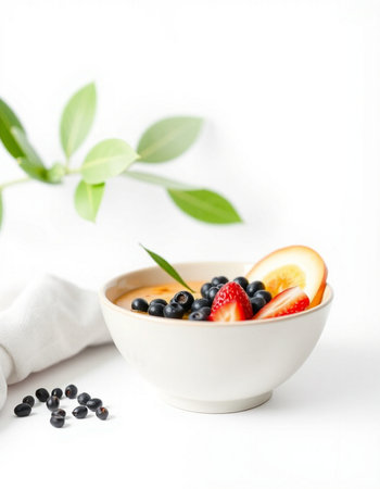 bowl of oatmeal with fresh berries and fruits on a white backgroundの写真素材