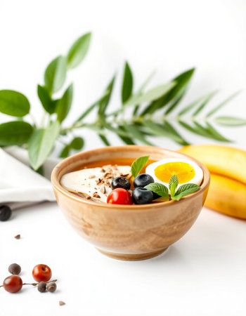 Healthy breakfast bowl with yoghurt and fresh fruits on white backgroundの写真素材