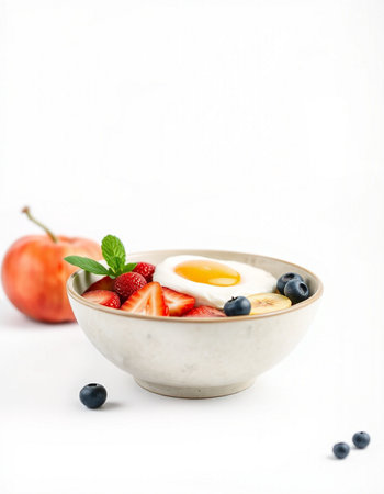 Healthy breakfast with strawberries and blueberries on a white backgroundの写真素材