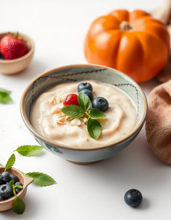 Healthy breakfast with oatmeal and fresh berries on a white backgroundの写真素材