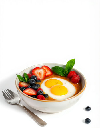 Breakfast with omelet, strawberries and blueberries on white background