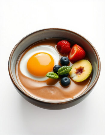 Yogurt with strawberries and blueberries in a bowl on white backgroundの写真素材