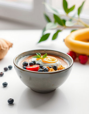 Healthy breakfast bowl with blueberry yoghurt and fresh berries on white tableの写真素材
