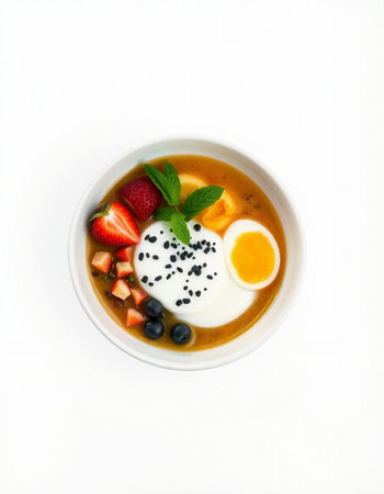 Sour cream soup with fruits and berries isolated on white background.の写真素材