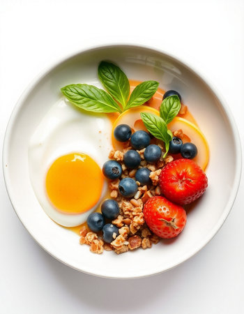 Breakfast with omelette, berries and granola on white backgroundの写真素材