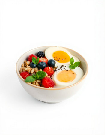 Healthy breakfast with muesli, eggs and berries on white background